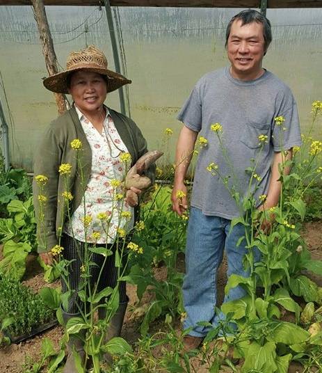 Koua Phao and Mai Her standing in greenhouse